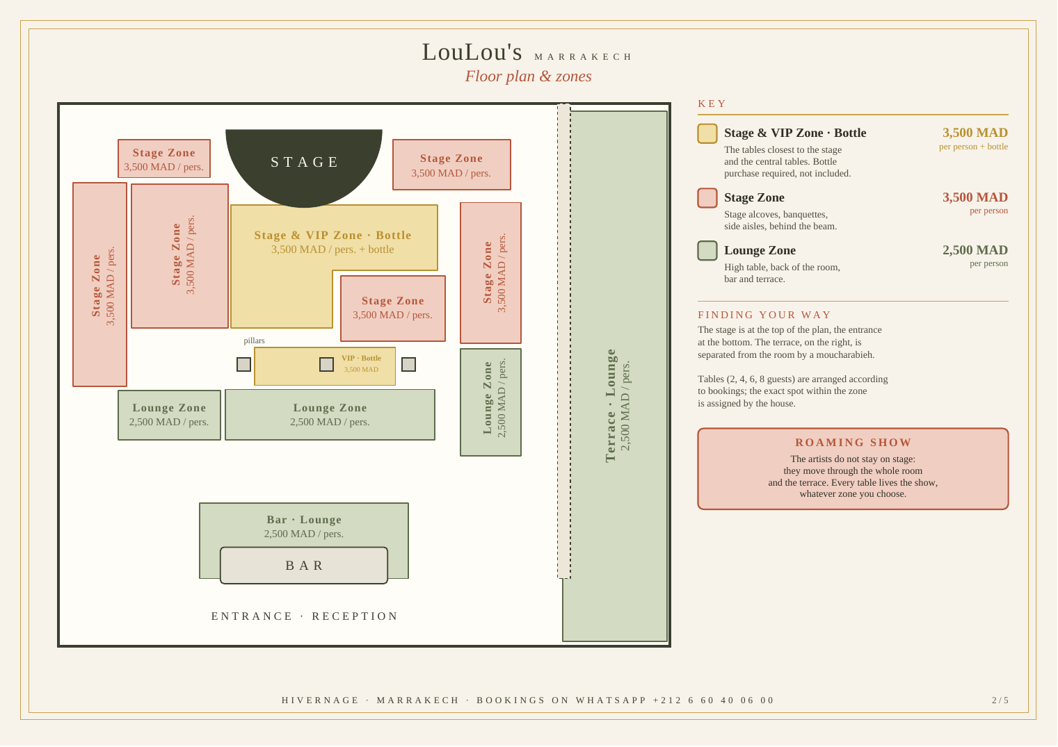 LouLou's Marrakech New Year's Eve 2026 floor plan showing Stage, Stage and VIP, and Lounge zones
